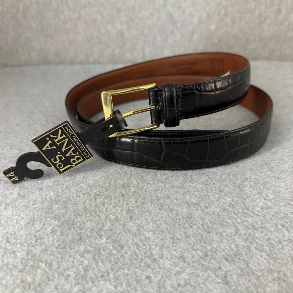 Jos. A Bank Mens Belt Size 44 Black Embossed Croc Calfskin Gold Buckle NWT USA